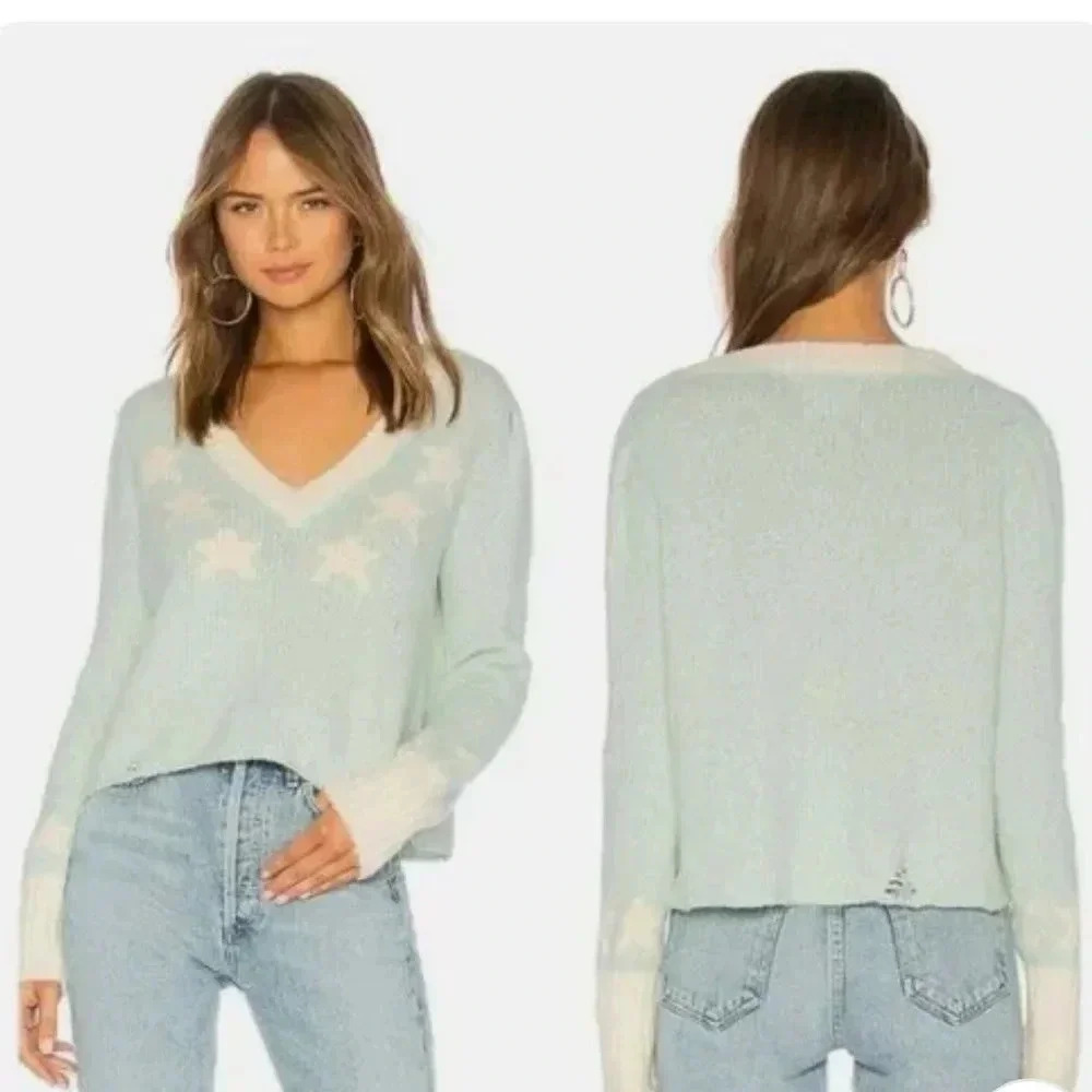 Wildfox‎ star girl ace v-neck baby blue sweater off the shoulder